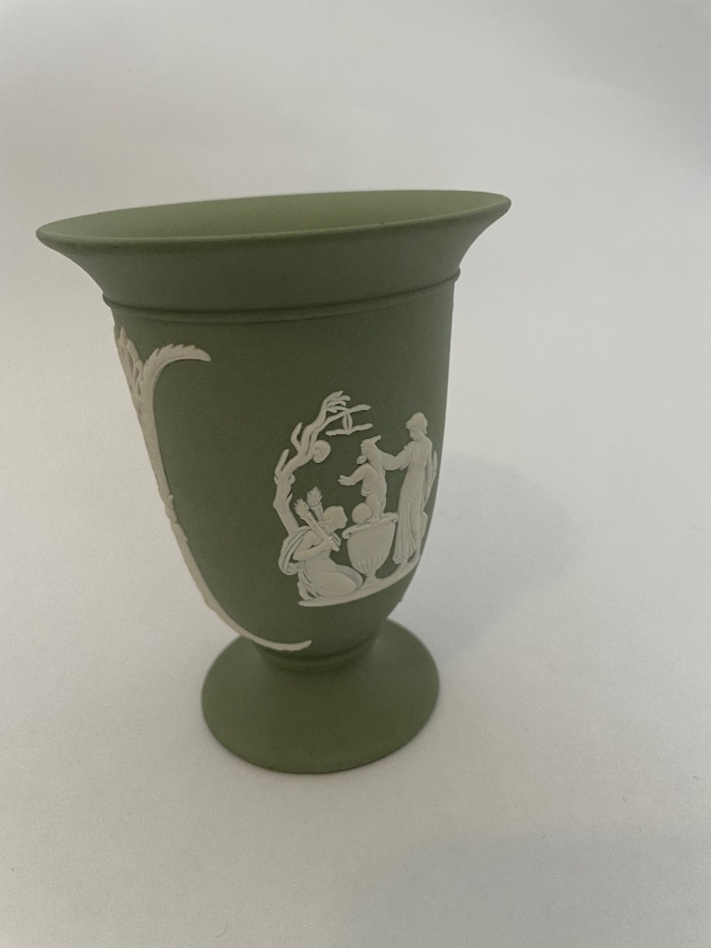 Vintage Wedgwood Jasperware Sage Green Trumpet Vase Urn Vase, Greek